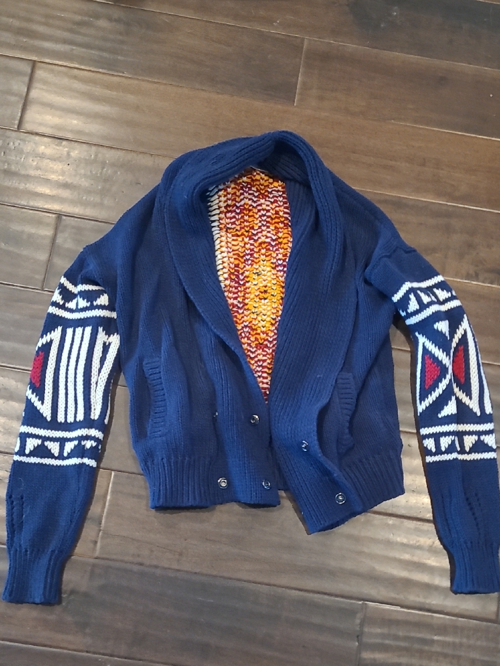 Golden By TNA Navy Geometric Knit Shawl-Collar Sweater